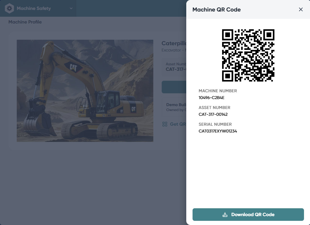 Scanning a machine's QR code sticker with a phone camera to open the Machine Card.