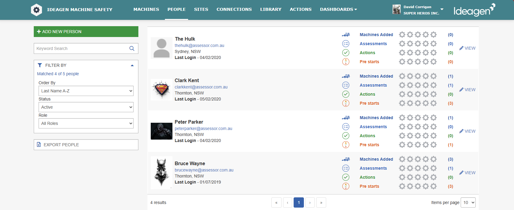 View of Machine Safety on the People page