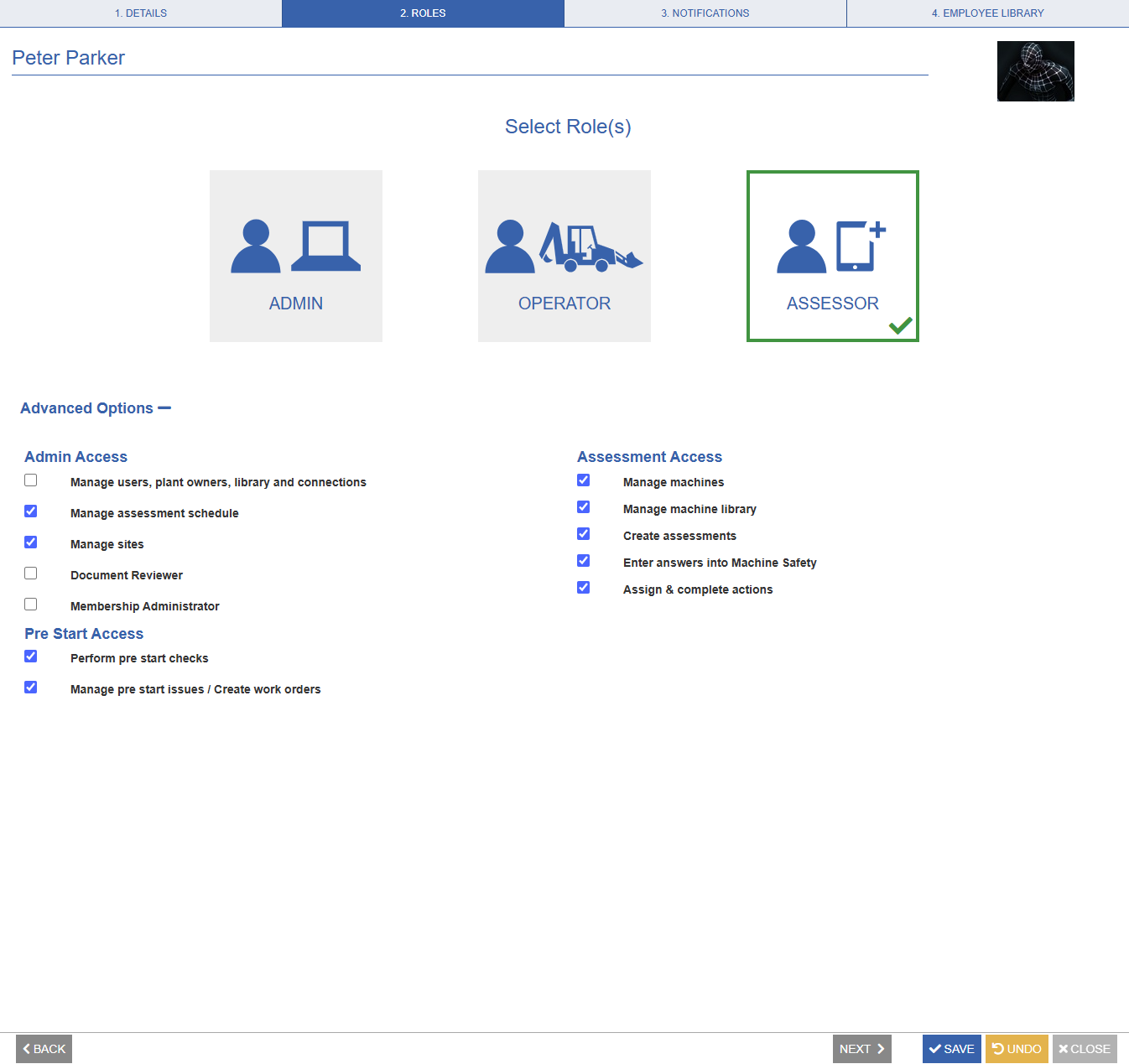 User Profile on the Roles tab